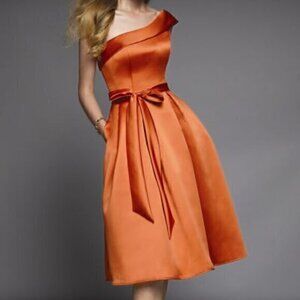 Mori Lee Size 16 One-Shoulder Satin Tea-Length Bridesmaid Dress with Sash